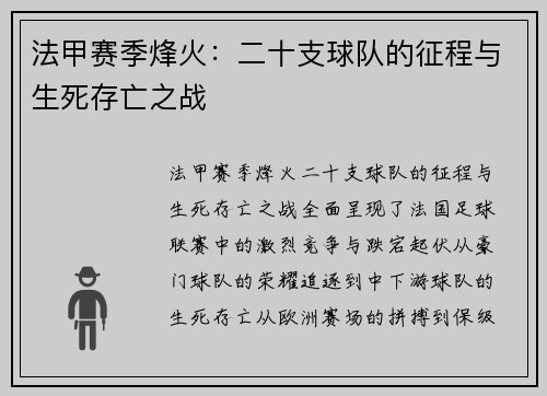 法甲赛季烽火：二十支球队的征程与生死存亡之战