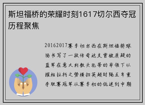 斯坦福桥的荣耀时刻1617切尔西夺冠历程聚焦