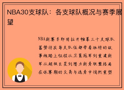 NBA30支球队：各支球队概况与赛季展望