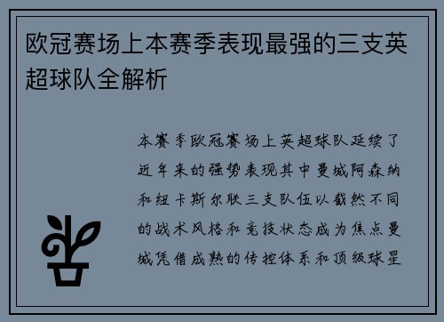 欧冠赛场上本赛季表现最强的三支英超球队全解析