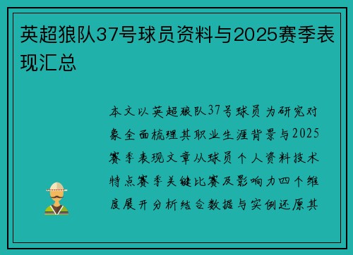 英超狼队37号球员资料与2025赛季表现汇总